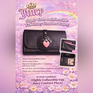 Juicy Couture Vintage Black Leather Wallet w/Pink Heart Charm